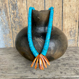 Authentic Santo Domingo Necklace with Turquoise Rolled Beads and Spiny Oyster Shell Center (AS57)