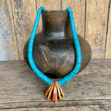 Authentic Santo Domingo Necklace with Turquoise Rolled Beads and Spiny Oyster Shell Center (AS57)