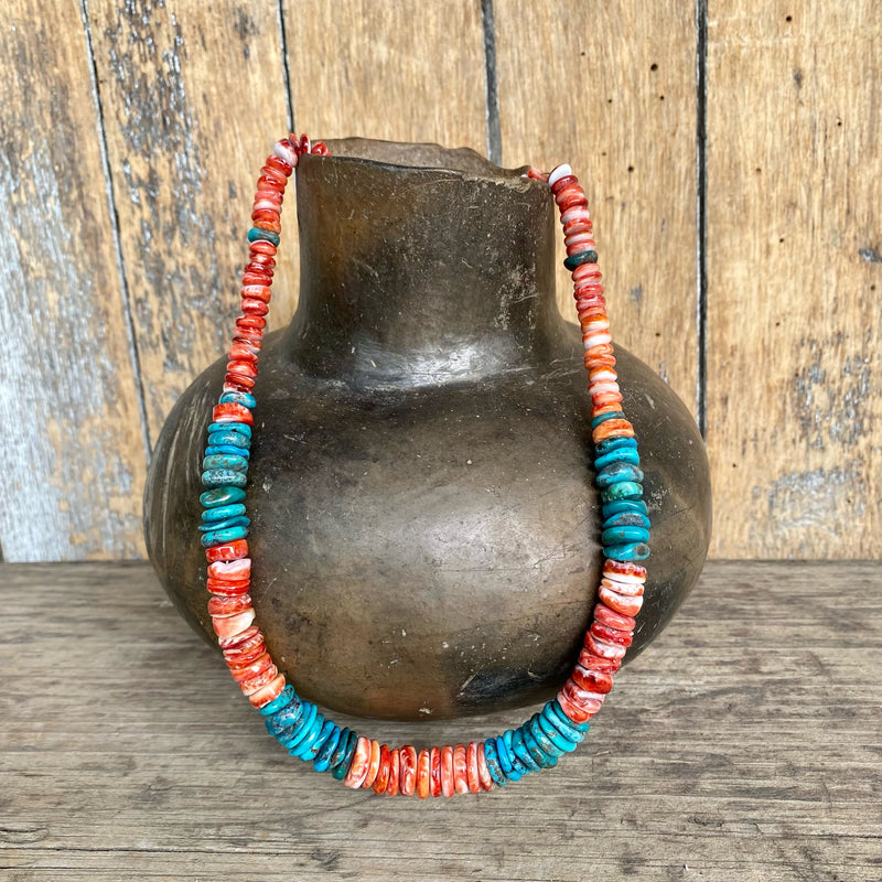 Authentic Santo Domingo Necklace with Polished Turquoise and Spiny Oyster Shell Rolled Beads   (3/173)