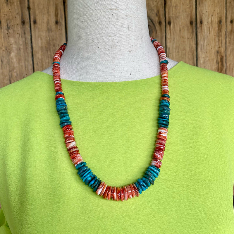 Authentic Santo Domingo Necklace with Polished Turquoise and Spiny Oyster Shell Rolled Beads   (3/173)