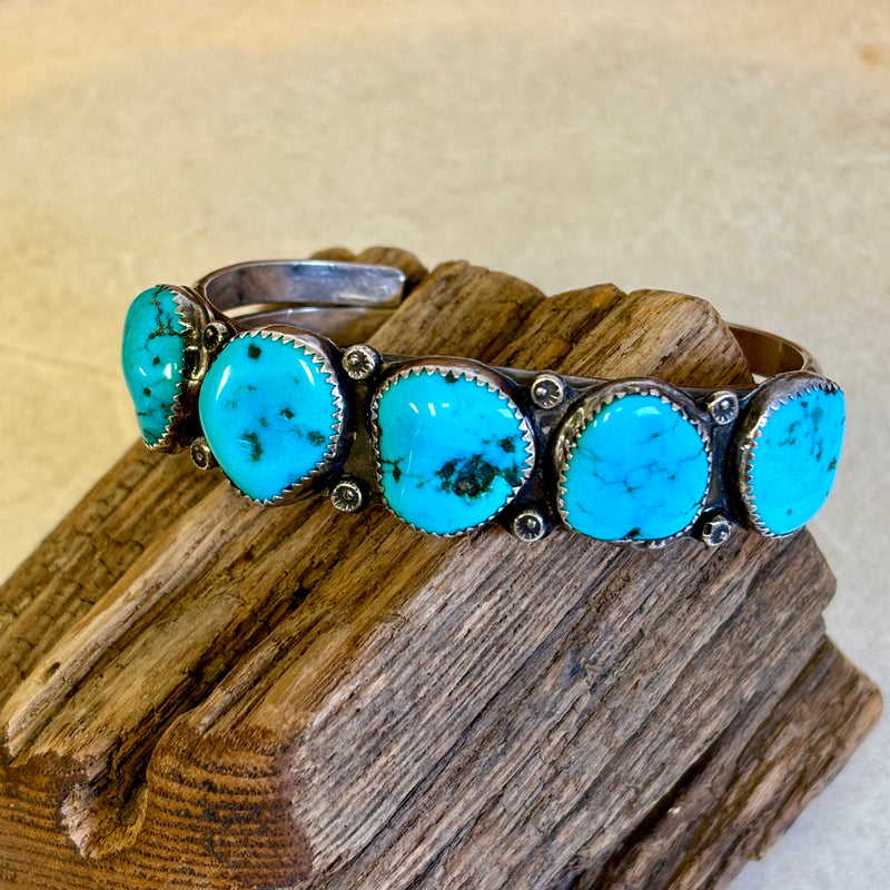 Russ Rockbridge Navajo silver split shank bracelet w stamped designs and stamped raindrops, marked RR for Russ Rockbridge (NLJ1)