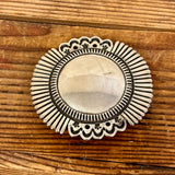 Silver belt buckle, round sunburst design, Cippy Crazy Horse, Cochiti Pueblo (NLJ11)