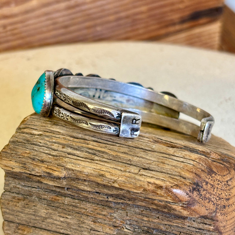 Russ Rockbridge Navajo silver split shank bracelet w stamped designs and stamped raindrops, marked RR for Russ Rockbridge (NLJ1)