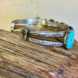 Russ Rockbridge Navajo silver split shank bracelet w stamped designs and stamped raindrops, marked RR for Russ Rockbridge (NLJ1)