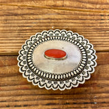 Concho belt buckle w oval coral stone in smooth bezel, stamped CZH for Cippy Crazy Horse, b. 1946 Cochiti Pueblo (NLJ15)