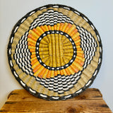 Vintage Hopi Third Mesa wicker plaque basket, black and yellow design, ca. 1992 (NLC20)