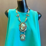 Vintage Santo Domingo Silver Leaf and Blossom Necklace with Large, Ornate Turquoise Pin/Pendant by Sam Lovato (SV7)