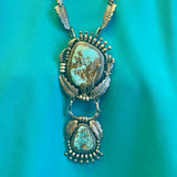 Vintage Santo Domingo Silver Leaf and Blossom Necklace with Large, Ornate Turquoise Pin/Pendant by Sam Lovato (SV7)