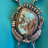 Vintage Santo Domingo Silver Leaf and Blossom Necklace with Large, Ornate Turquoise Pin/Pendant by Sam Lovato (SV7)