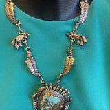 Vintage Santo Domingo Silver Leaf and Blossom Necklace with Large, Ornate Turquoise Pin/Pendant by Sam Lovato (SV7)