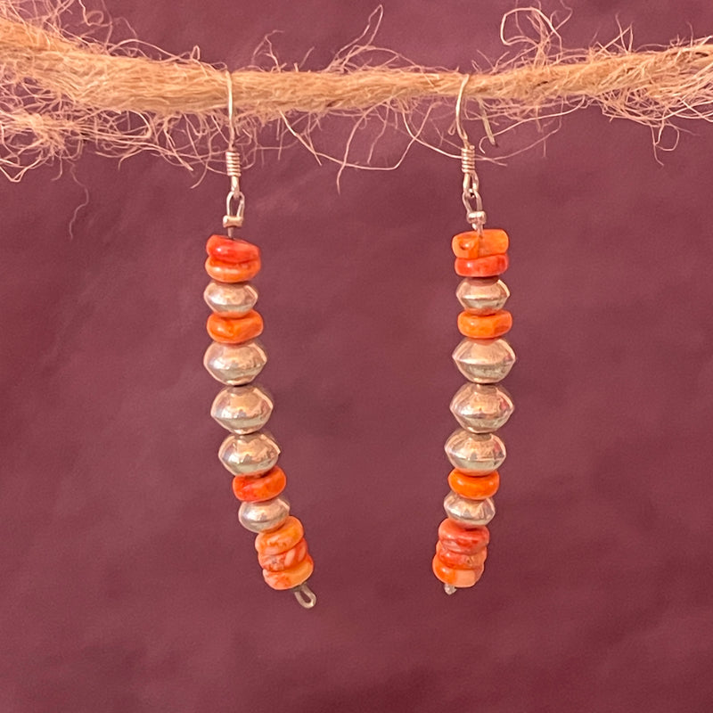 Beaded Earrings with Spiny Oyster Shell and Silver Beads, Navajo, Genuine Handmade Native American Jewelry   2/75