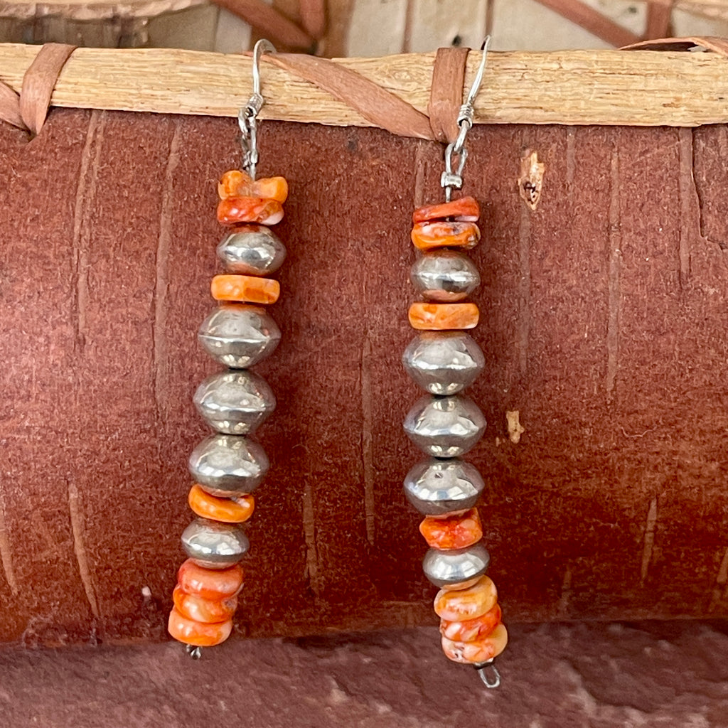 Beaded Earrings with Spiny Oyster Shell and Silver Beads, Navajo, Genuine Handmade Native American Jewelry   2/75