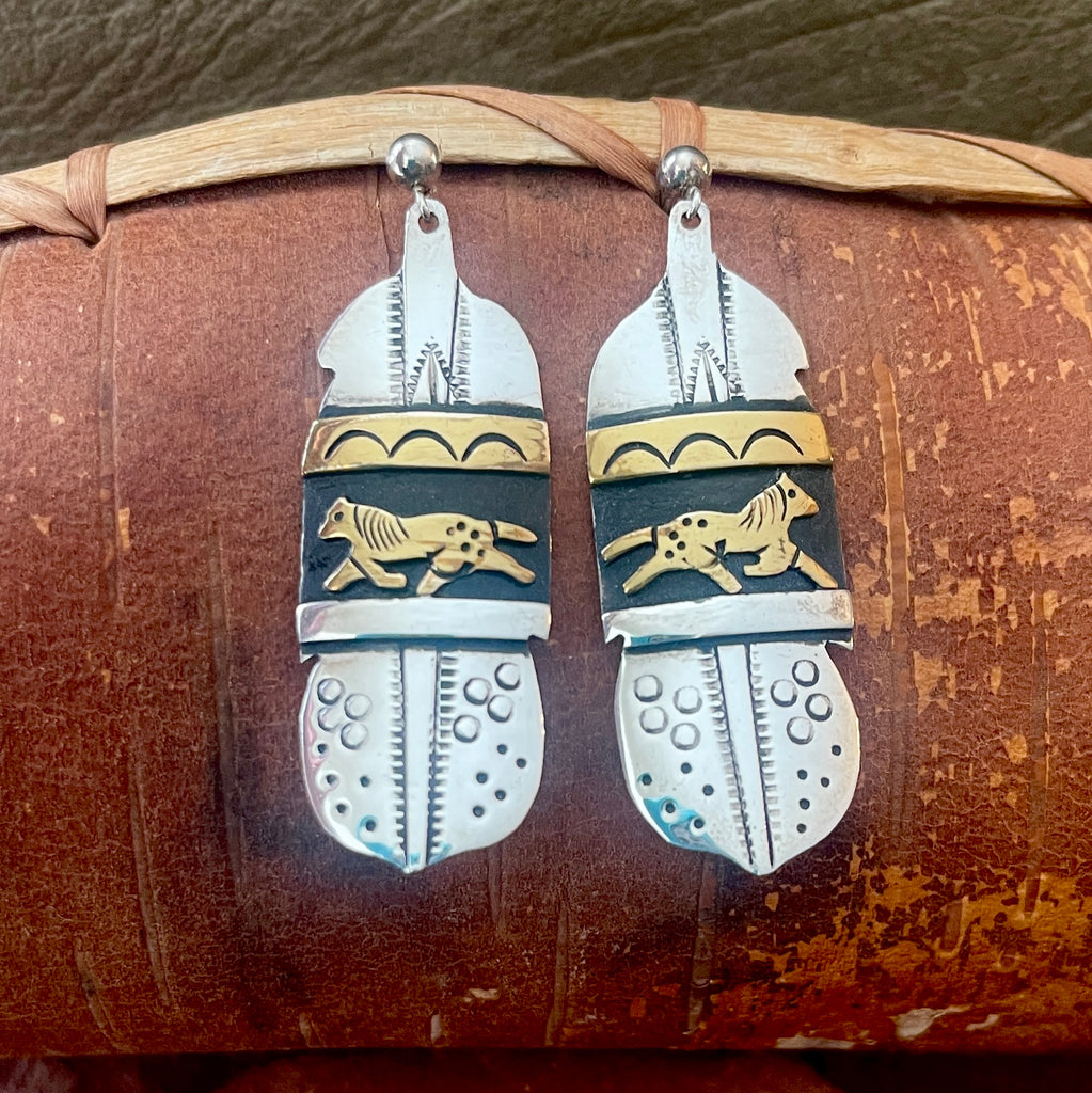 Native American Sterling Silver and Brass Feather Dangle Earrings, artist Tommy Singer, Navajo   2/293
