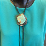 Vintage Santo Domingo Turquoise and Silver Leaf Design Bolo Tie by Sam Lovato (SV8)