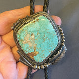 Vintage Santo Domingo Turquoise and Silver Leaf Design Bolo Tie by Sam Lovato (SV8)