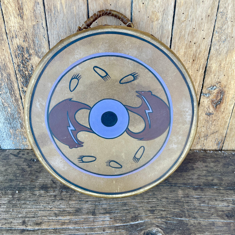 Taos Sioux Style Double Sided Drum With Bear Fetish and Bear Tracks Design, Handmade Drum RK13