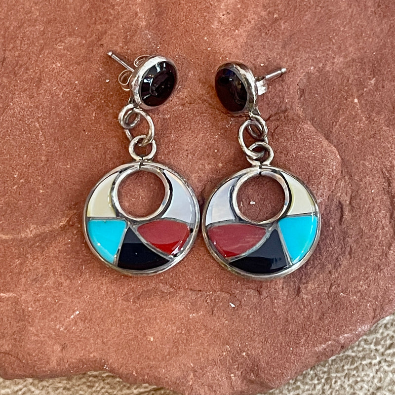 Zuni Inlay Multicolored Small Post Dangle Earrings, Authentic Zuni Pueblo earrings (1/234)