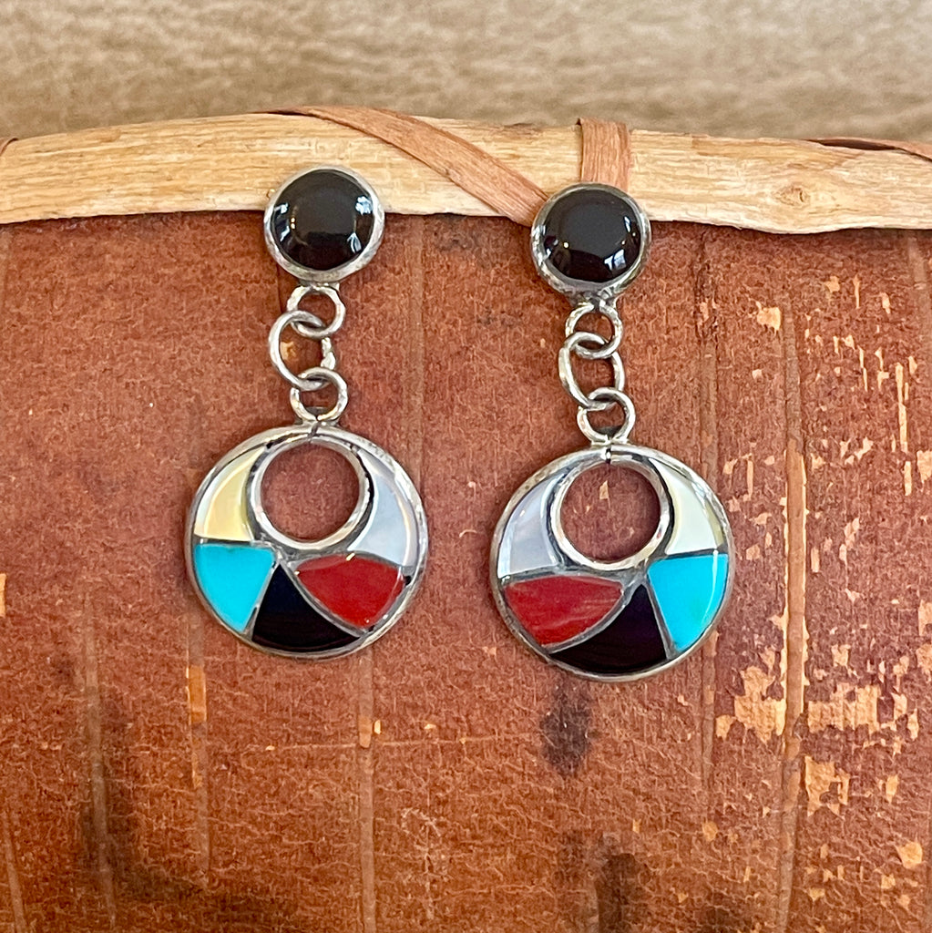 Zuni Inlay Multicolored Small Post Dangle Earrings, Authentic Zuni Pueblo earrings (1/234)