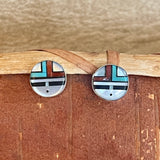 Authentic Zuni Sunface Post Earrings with Blue Turquoise, Black Jet, Red Coral and Mother of Pearl   3/103