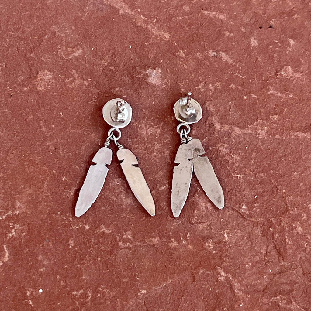 Authentic Navajo Sterling Silver Button and Feather Dangle Earrings   2/291