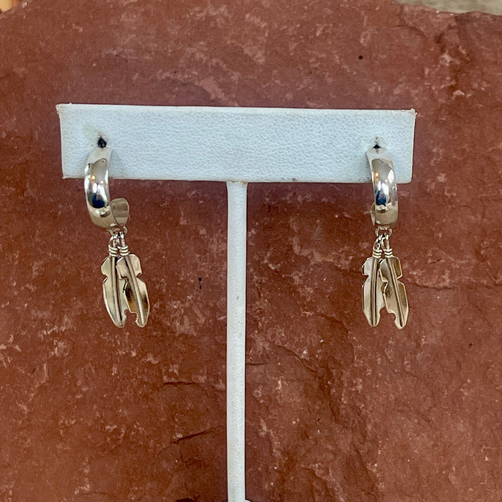 Sterling Silver Navajo Hoop Earrings with Silver Feather Dangle   3/60