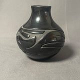 Denise Chavarria - Vintage Santa Clara Pueblo, Handmade Blackware Pot with Carved Avanyu Design (JM10)