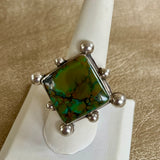 Authentic Navajo Sterling Silver and Green Turquoise Diamond-shaped Ring, vintage-size 8.5   (BH3)