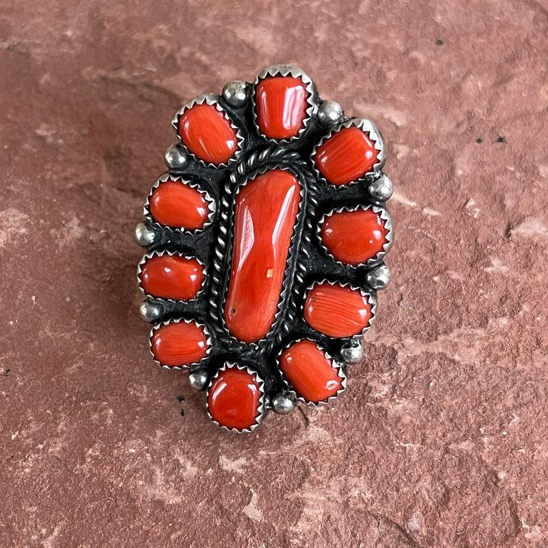 Vintage Navajo Sterling Silver and Coral Cluster Ring-size 8   (BH9)