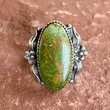 Authentic Navajo Sterling Silver Ring with Green Turquoise Stone and Leaf and Flower Design, vintage-size 5   (BH10)