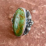 Authentic Navajo Sterling Silver Ring with Green Turquoise Stone and Leaf and Flower Design, vintage-size 5   (BH10)