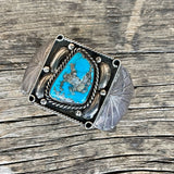 Vintage Navajo Bracelet with Domestic Blue Turquoise, leaf and scroll    KD108