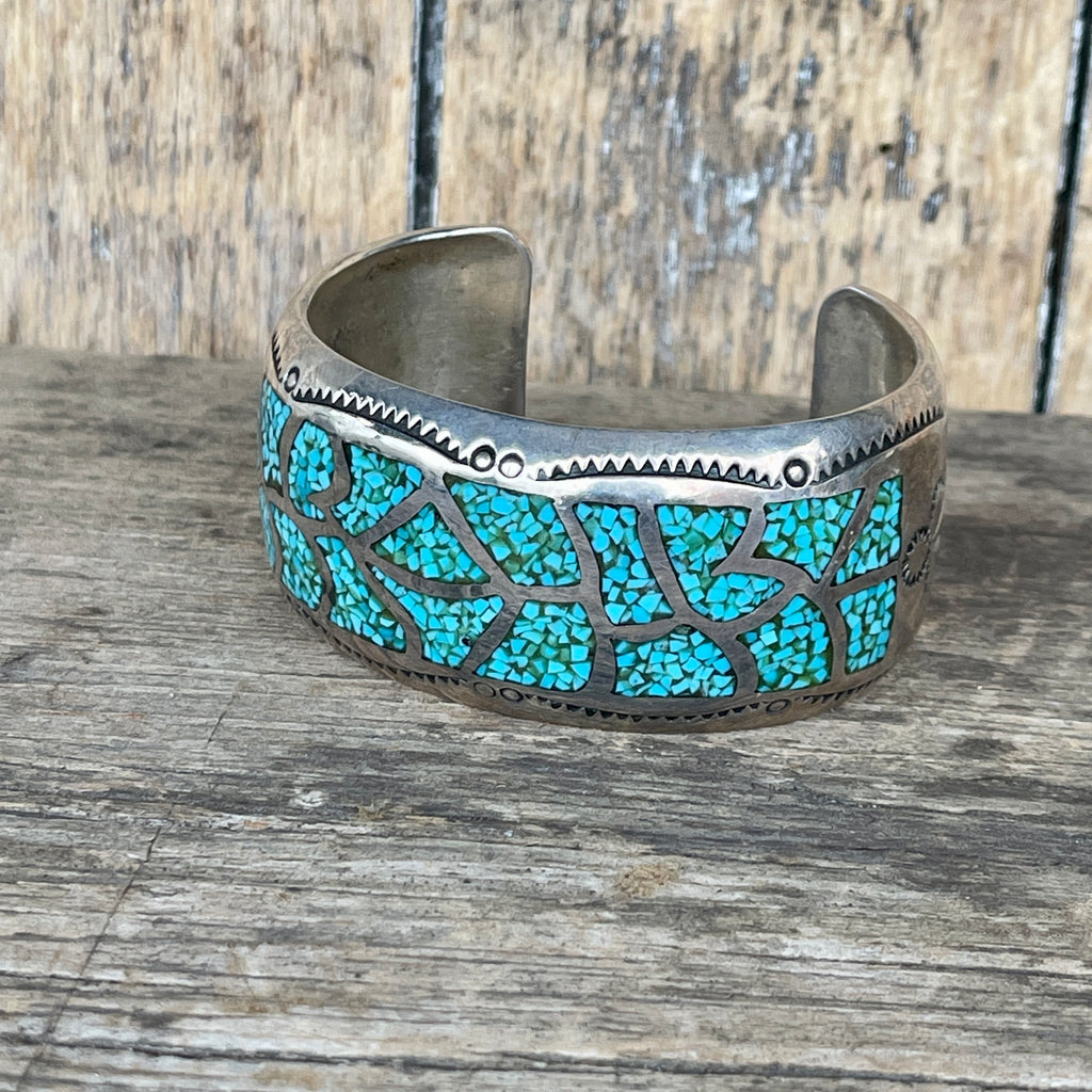 Authentic Navajo Chip Inlay Turquoise and Silver Cuff signed DJN - vintage (JD34)