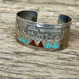Authentic Navajo Chip Inlay Storyteller Bracelet - turquoise and coral - vintage  (2/292)