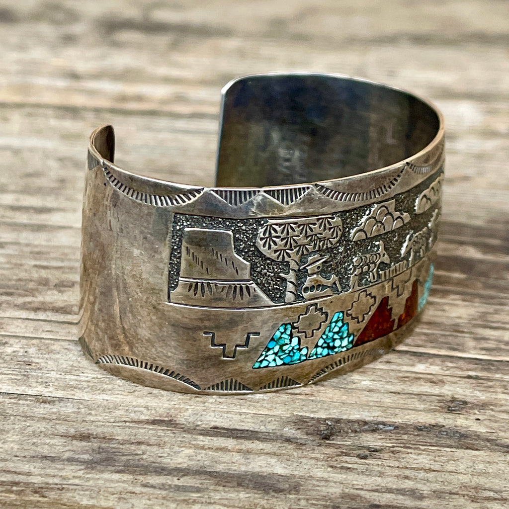 Authentic Navajo Chip Inlay Storyteller Bracelet - turquoise and coral - vintage  (2/292)