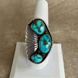 Vintage Navajo 3-stone Turquoise and Sterling Silver Ring-size 9 by Ted Brea (BH16)