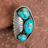 Vintage Navajo 3-stone Turquoise and Sterling Silver Ring-size 9 by Ted Brea (BH16)