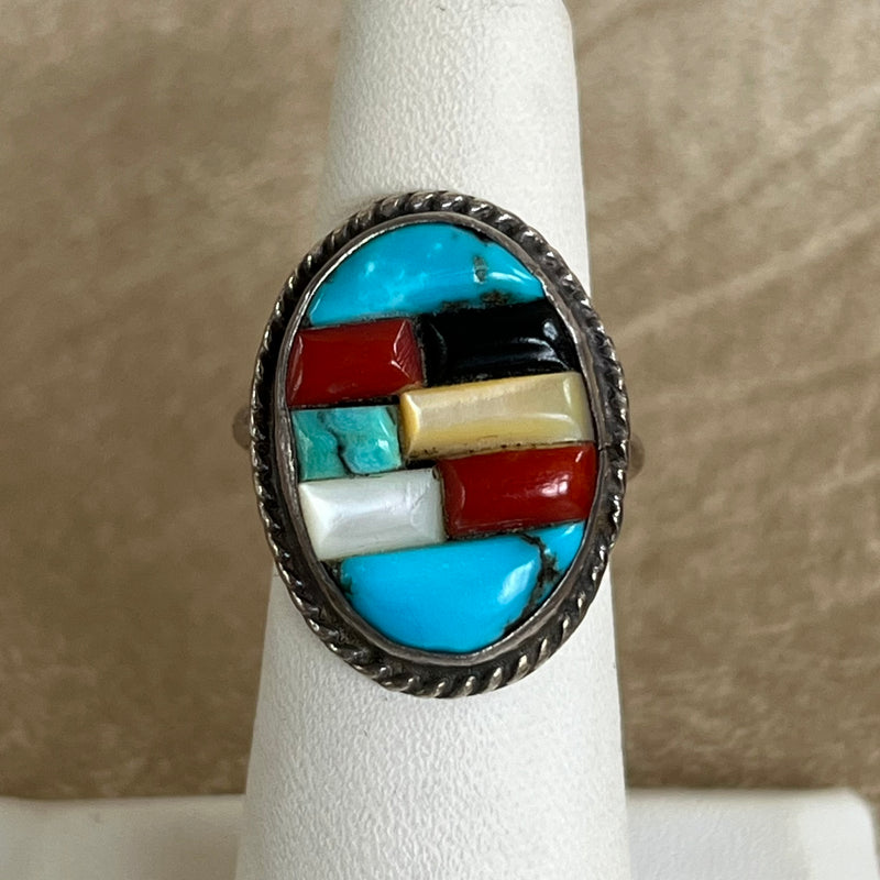 Authentic Zuni Cobblestone Inlay Ring with Turquoise, Coral, Jet and Mother of Pearl, vintage-size 5  (BH25)