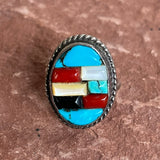 Authentic Zuni Cobblestone Inlay Ring with Turquoise, Coral, Jet and Mother of Pearl, vintage-size 5  (BH25)