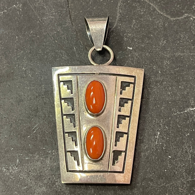 Everett and Mary Teller, Navajo Sterling Silver Overlay Reversible Pendant with Coral Stones  (JF141)