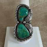 Authentic Navajo Ring with Green Turquoise and Leaf Design, vintage-size 8.  (BH30)