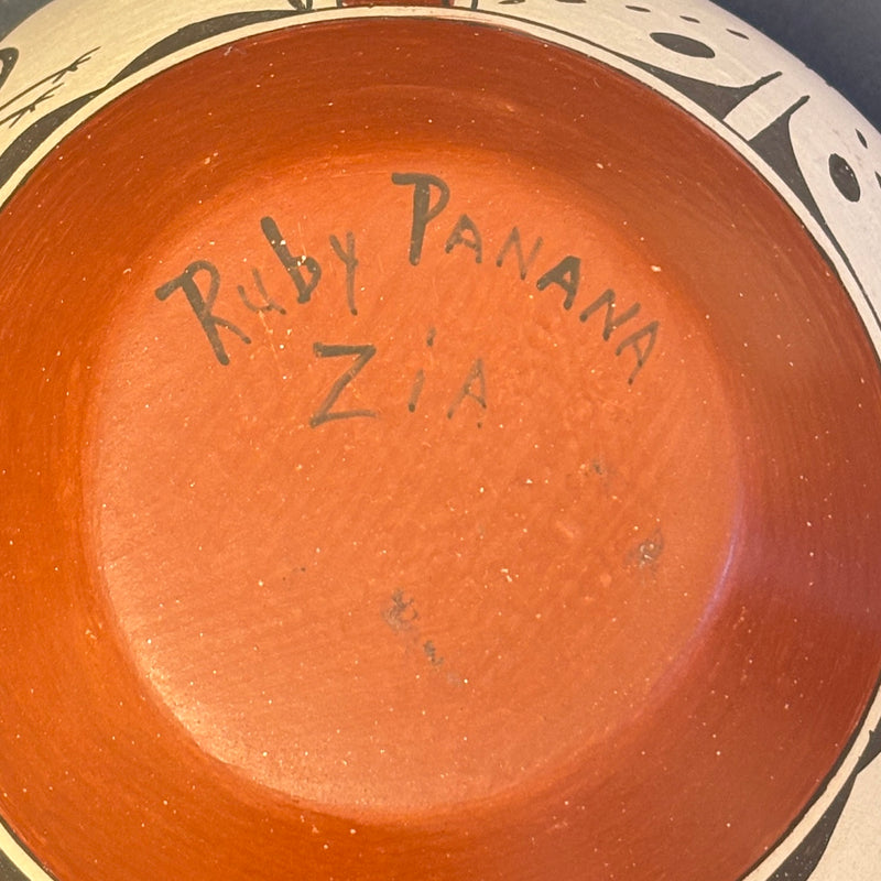 Ruby Panana, Zia Pueblo Vintage Wide Mouth Painted Clay Pot with Roadrunner Design (JM65)