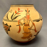 Elizabeth & Marcellus Medina, Zia Pueblo Tall Clay Pot with Apache Dancer Design (JM66)