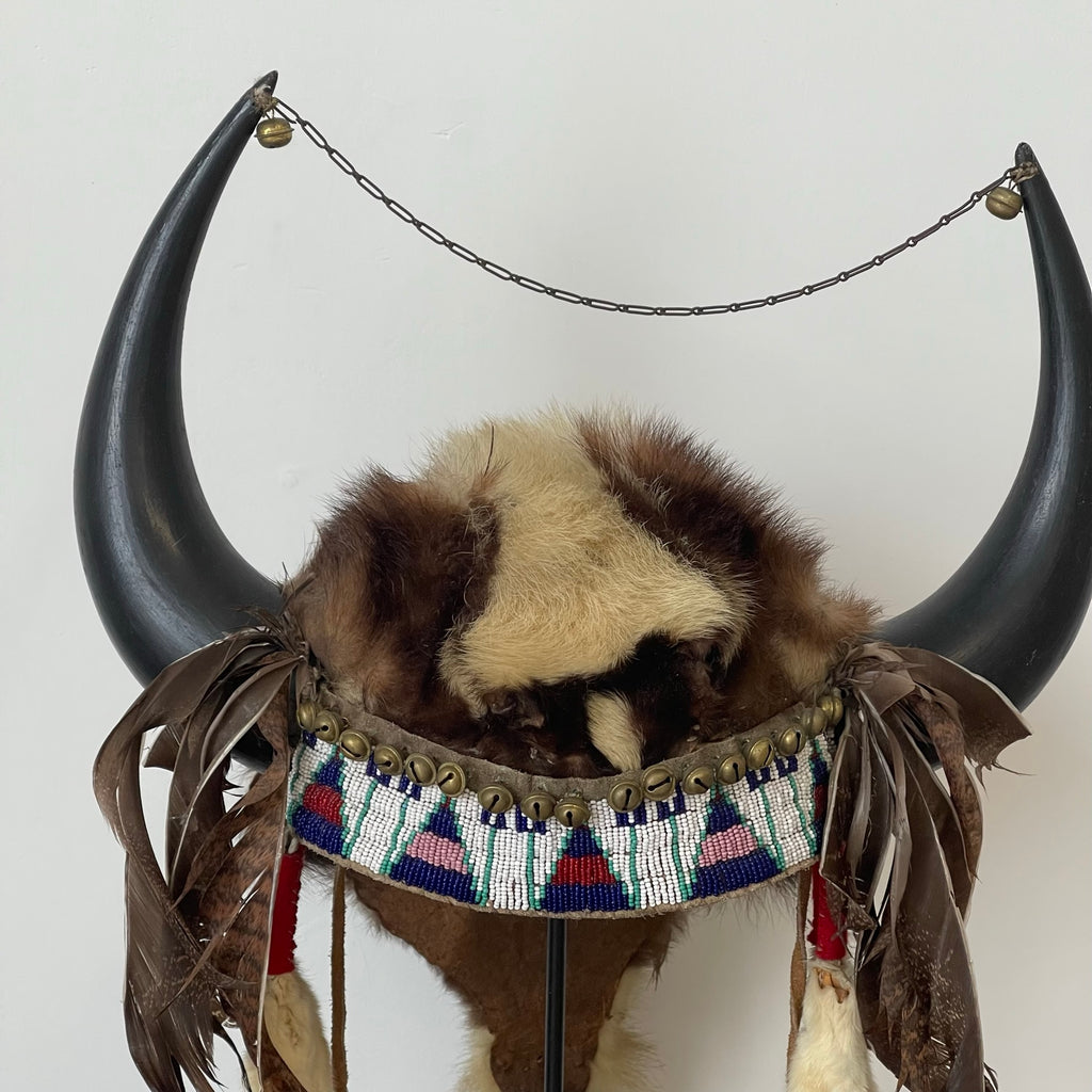 Antique Native American Badger Fur Headdress with Ermine, Buffalo Horns, Beadwork and Quill Medallion