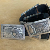 Lloyd Becenti, Navajo storyteller overlay sterling silver concho belt. (GM360)