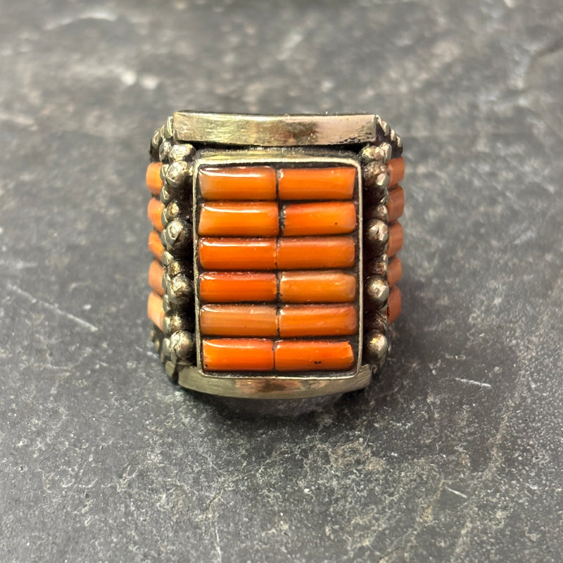 Unique Navajo Ring with Coral Cobblestone Inlay, vintage-size 7.75   (KD444)