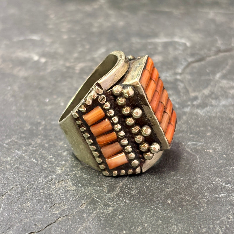 Unique Navajo Ring with Coral Cobblestone Inlay, vintage-size 7.75   (KD444)