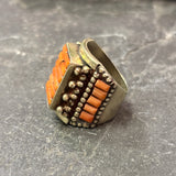 Unique Navajo Ring with Coral Cobblestone Inlay, vintage-size 7.75   (KD444)