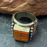 Unique Navajo Ring with Coral Cobblestone Inlay, vintage-size 7.75   (KD444)