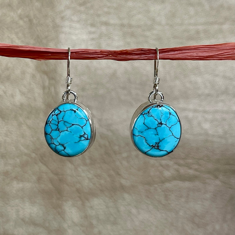 Navajo Kingman Spiderweb Turquoise Dangle Earrings signed EP (3/86)