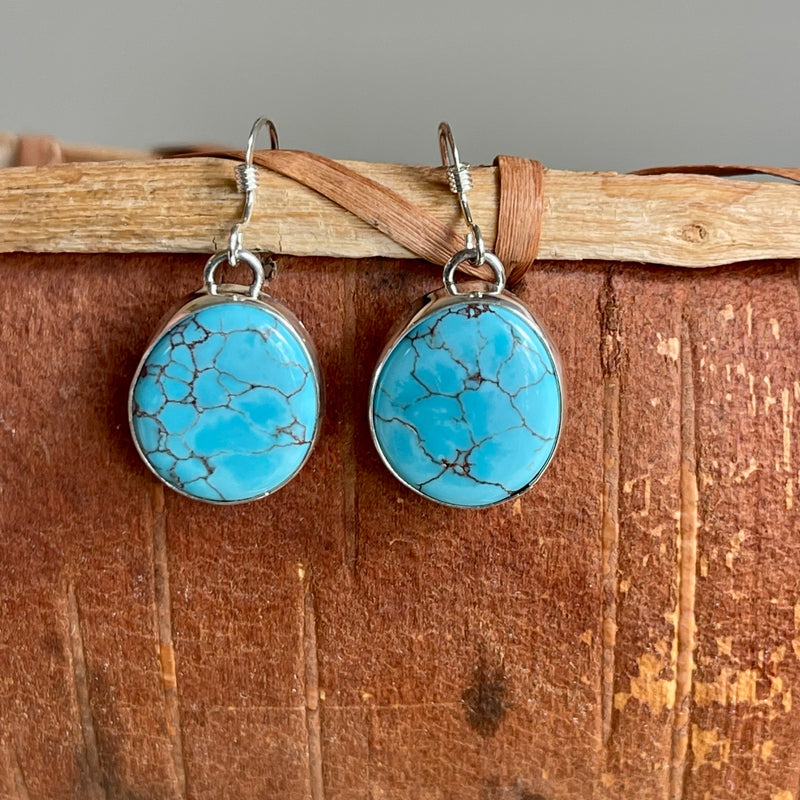 Navajo Kingman Spiderweb Turquoise Dangle Earrings signed EP (3/86)